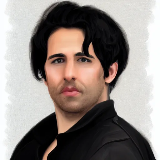 Prompt: a digital portrait of a 33 year old with black hair,hazel green eyes, drawn in the style of mark Arian