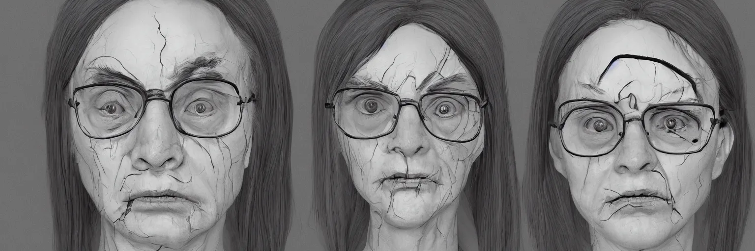 Prompt: character study of female charles manson, evil woman, glasses, clear faces, emotional, character sheet, fine details, concept design, contrast, pixar, kim jung gi, francis bacon and jenny saville, trending on artstation, 8 k, full body and head, turnaround, front view, back view, ultra wide angle
