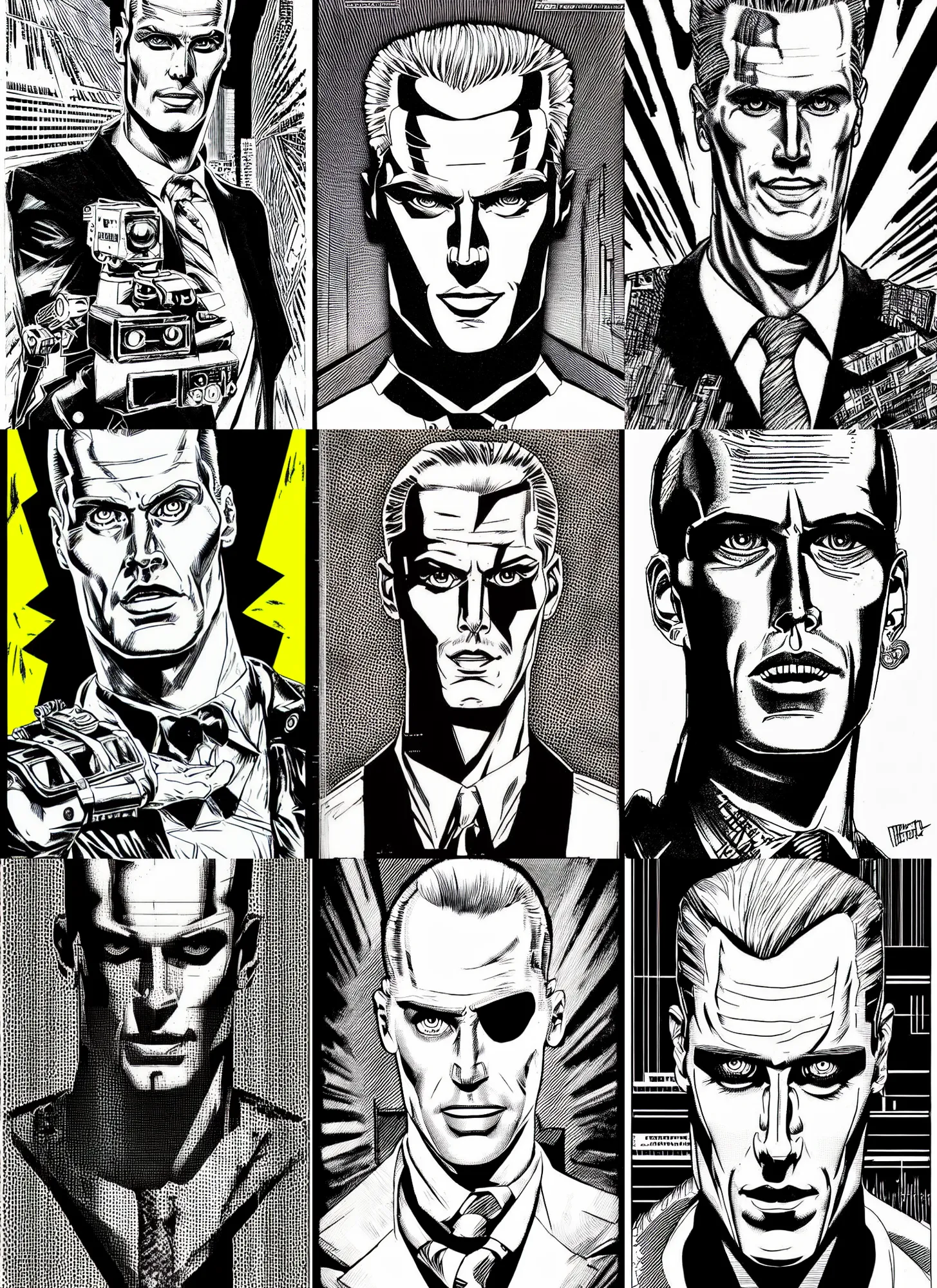 Prompt: max headroom, portrait, cyberpunk 2 0 2 0 manual, by steampoweredmikej, by tim bradstreet, inktober, ink drawing, black and white, coloring pages, manga, highly detailed