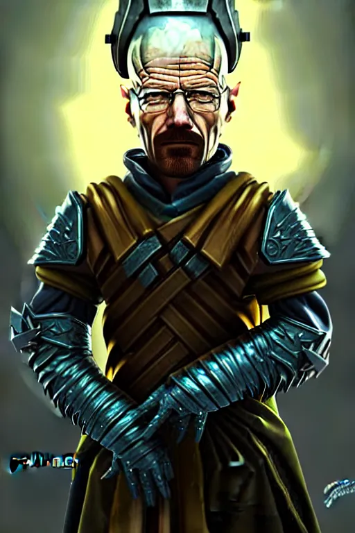 Image similar to walter white, fantasy armor, detailed face, dynamic lighting, tony sart