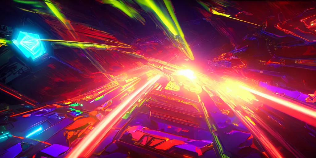 Prompt: screenshot of the videogame tempest, vector, axure sky, neon glow, lens flare, 8 k