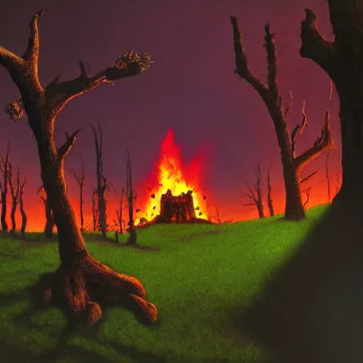 Image similar to shrek next to an oak tree aflame, still, fog in background, dantes inferno, evil album cover