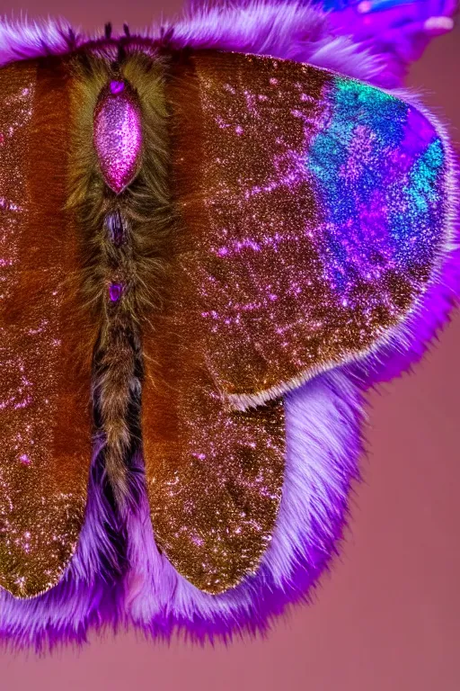 Prompt: high quality macro photo pearlescent furry moth! jeweled gorgeous! highly detailed david ligare elson peter cinematic purple neon lighting high quality low angle hd 8k sharp shallow depth of field
