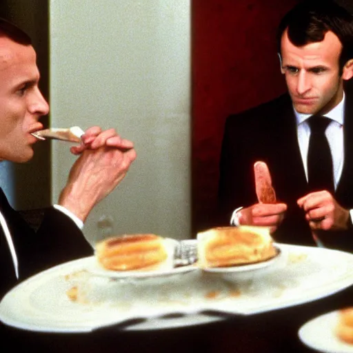 Prompt: Emmanuel Macron eating humans in American Psycho (1999)