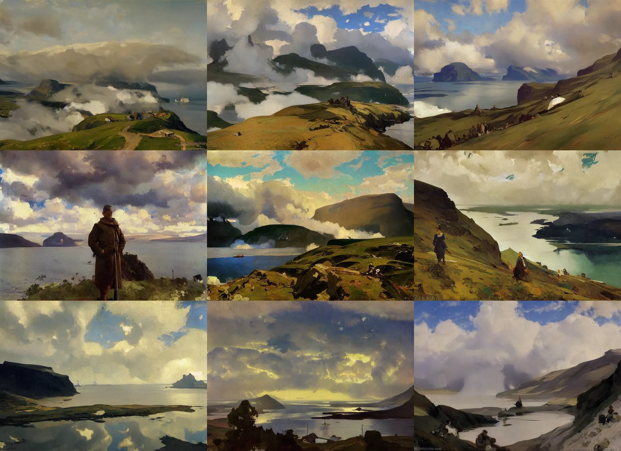 Prompt: painting by sargent leyendecker and gurney, vasnetsov, savrasov levitan polenov, middle ages, above the layered low clouds big lake wide river road to sea bay view faroe azores overcast