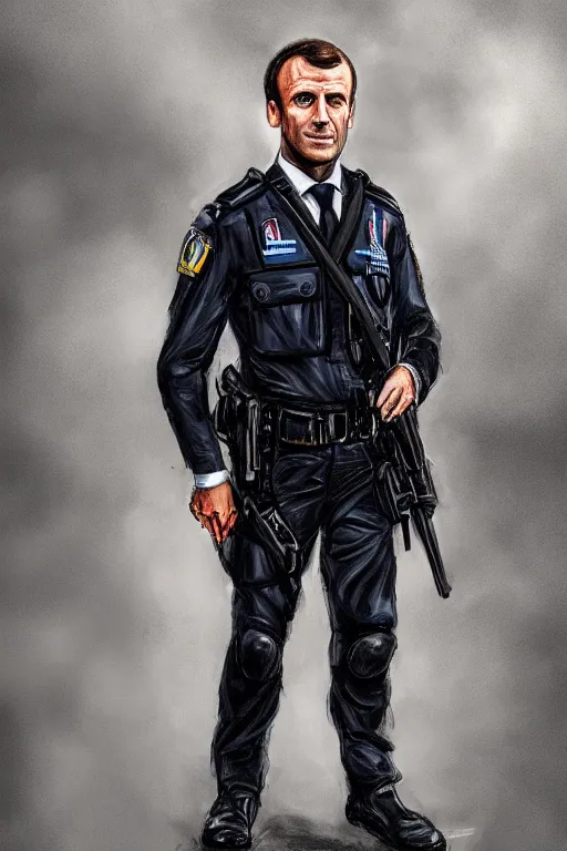 Prompt: emmanuel macron police officer, highly detailed, digital art, sharp focus, trending on art station