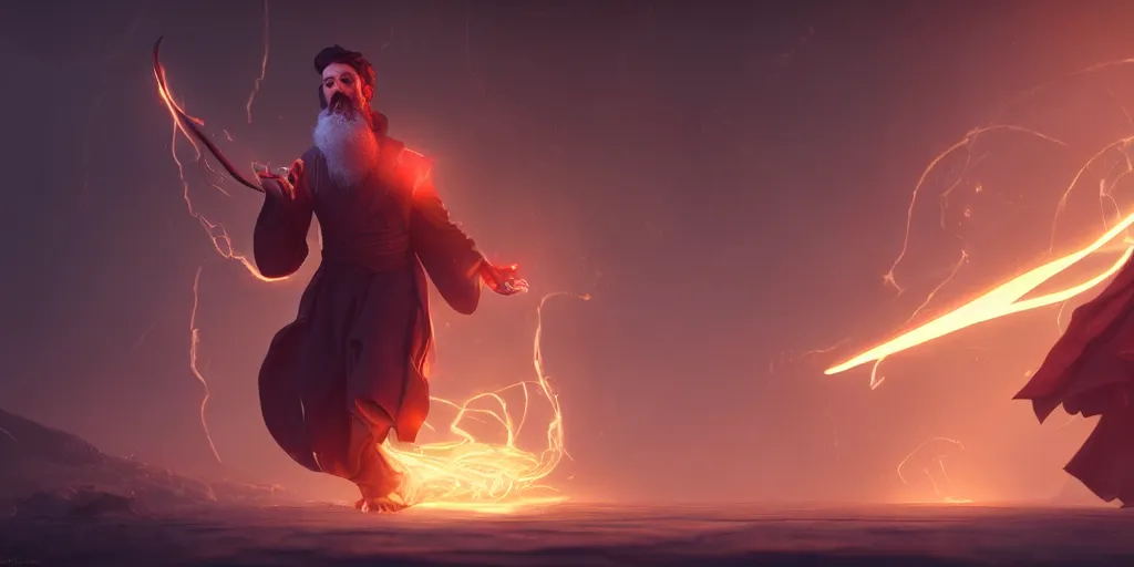 Image similar to a bearded telsa like male sorcerer casting a spell, light rays, bloom, dramatic lighting, epic composition, unreal engine, octane render, concept art, trending on artstation, by dan luvisi and gilles beloeil