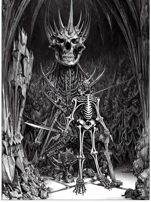 Prompt: A spiked horned semiork-semihuman skeleton with armored joints stands in a large cavernous throne room with a big broadsword in hand. Massive shoulderplates. Extremely high details, realistic, fantasy art, solo, masterpiece, bones, ripped flesh, saturated colors, art by Zdzisław Beksiński, Arthur Rackham, Dariusz Zawadzki