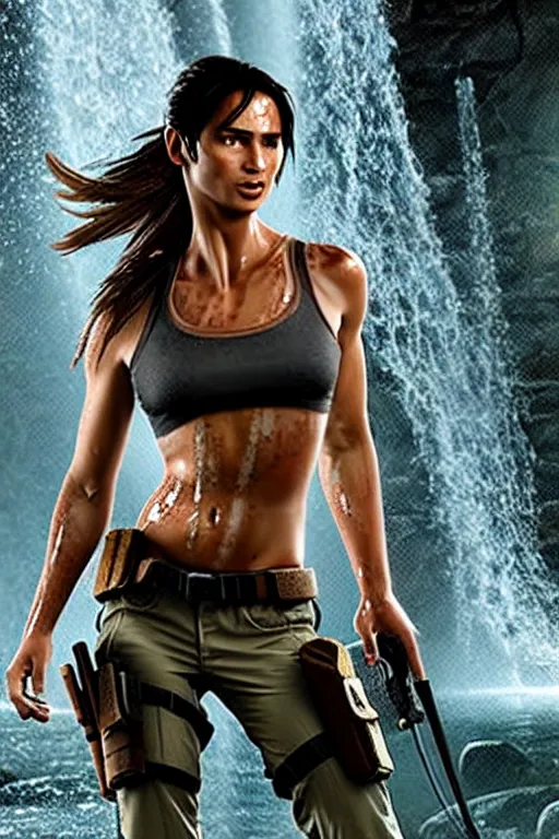 Prompt: film scene of lara croft, drenched body, wet dripping hair, emerging from the water, fractal crystal