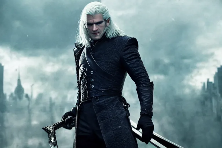 Image similar to vfx movie suave handsome grinning vampire with long white hair, trench coat, dual wielding large revolvers, leaping into the air, low gravity in a shattered reality of new york city, henry cavill witcher devil may cry, game of thrones, by emmanuel lubezki