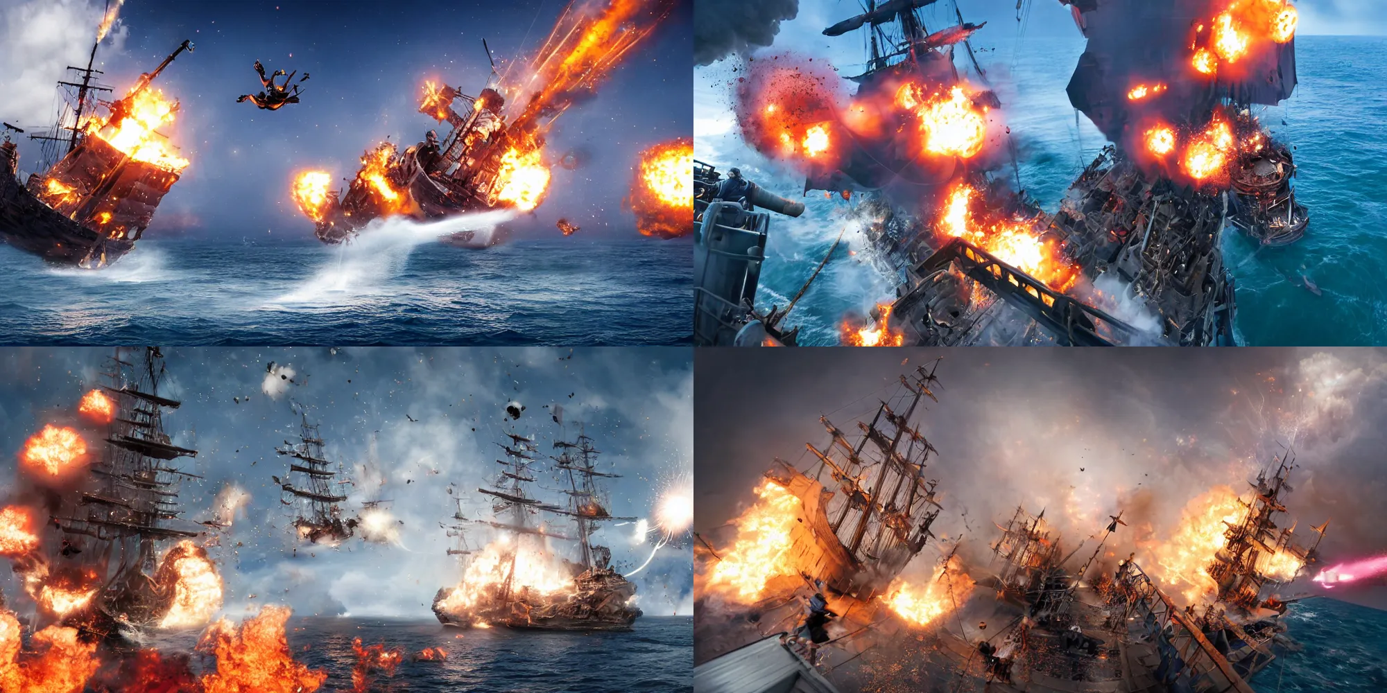 Prompt: action photography of The crew of a pirate ship jumps from the deck while the ship shatters from an explosion, naval battle, fast shutter speed, high speed, VFX particle simulation, action photo, 1/1000 sec shutter