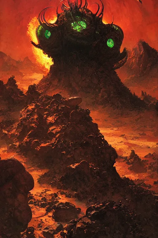 Prompt: cthulu rises from a martian volcano, by norman rockwell, jack kirby, jon berkey, earle bergey, craig mullins, ruan jia, jeremy mann, tom lovell, marvel, astounding stories, 5 0 s pulp illustration, scifi, fantasy, artstation creature concept