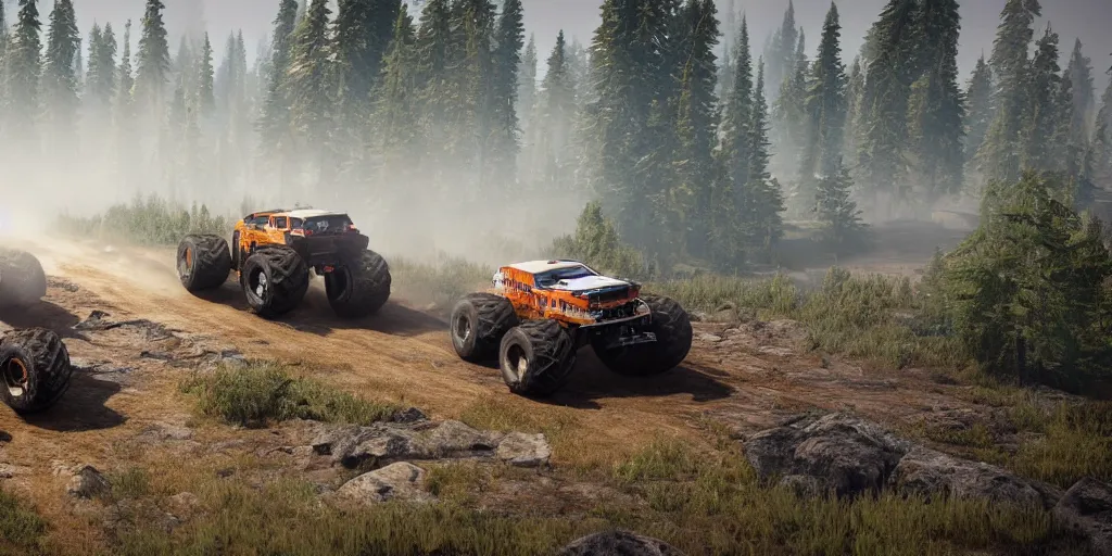 Image similar to A monster truck fighting a grizzly bear in its natural habitat, unreal engine, 8k