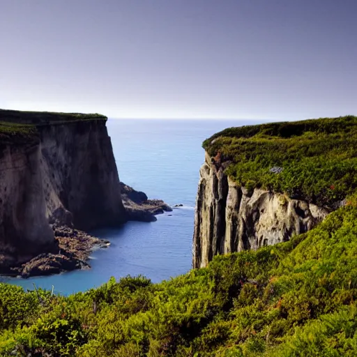 Prompt: contemporary art of a lush natural scene on an alien planet. beautiful landscape. weird vegetation. cliffs and water.