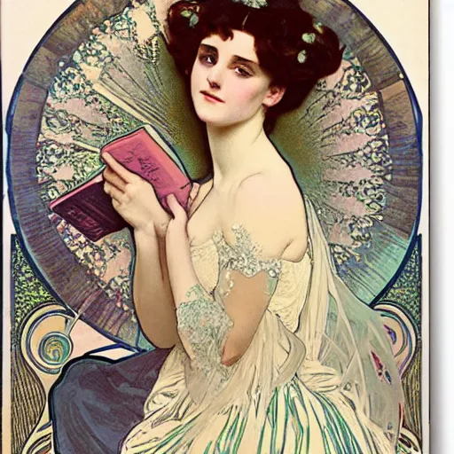 Image similar to young victorian woman in ball gown, reading, painted by alphonse mucha