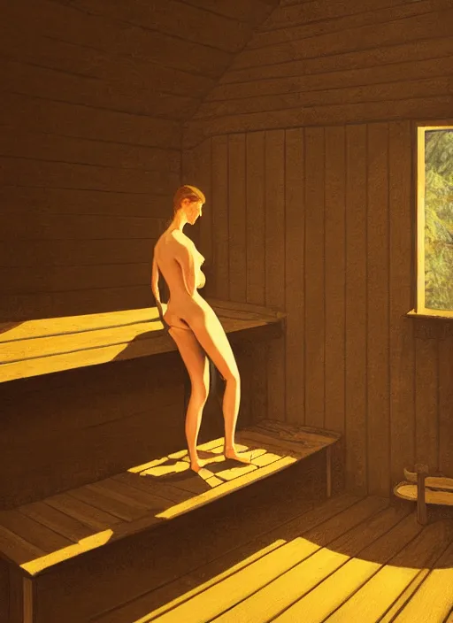 Prompt: woman in finnish sauna, backround dark, highly detailed, digital illustration, trending in artstation, modern painting, smooth, sharp focus, intricate, einar jonsson, ilya repin