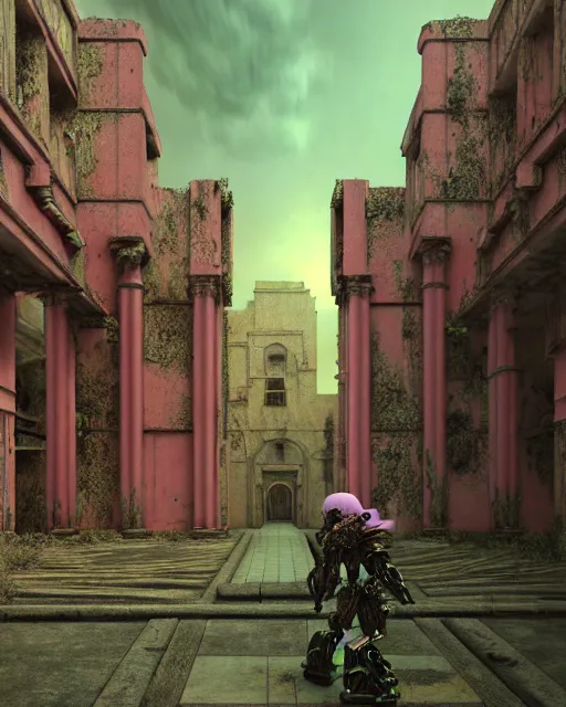 Prompt: hyperrealistic 3d render highly detailed baroque mecha iridescent pink brutalist city ruins background concept art unreal engine!! santiago caruso de chirico sharp very dramatic green light 8k low angle shallow depth of field