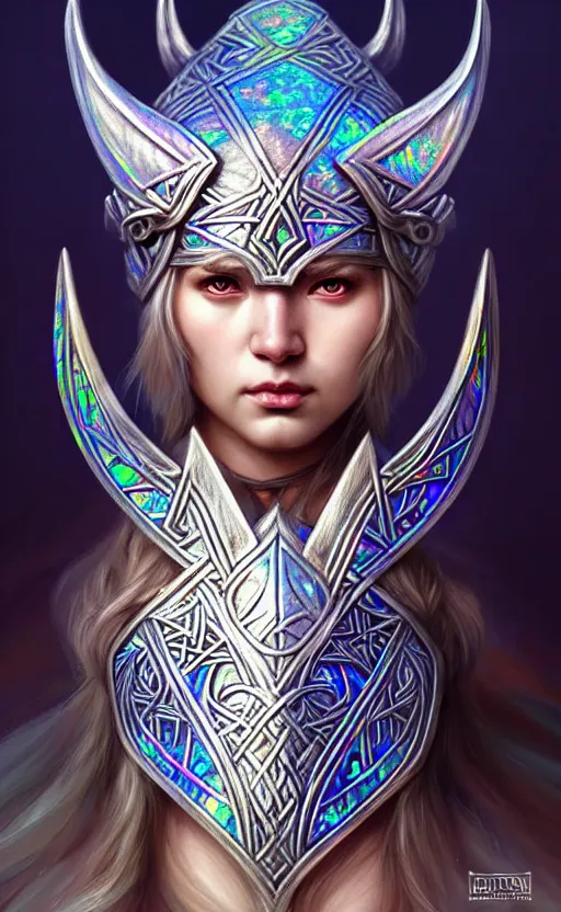 Image similar to iridescent opal viking warrior, wolf armor, winter, morandi color scheme, hd, illustration, epic, d & d, fantasy, intricate, elegant, highly detailed, wide angle, digital painting, artstation, concept art, smooth, sharp focus, illustration, wallpaper, art by artgerm and greg rutkowski and alphonse mucha and jin xiaodi