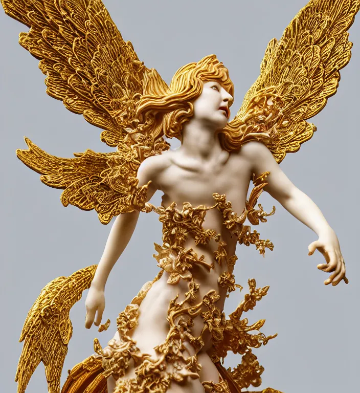 Image similar to gothic angel falling from heaven, A Close up photo-real delicate ceramic porcelain sculpture of a symmetrical ornate detailed in front of an intricate background by Victo Ngai and takato yamamoto, micro detail, backlit lighting, golden ratio, face in focus, subsurface scattering, translucent, art deco, octane renderer, colorful, physically based rendering, gold leaf mural