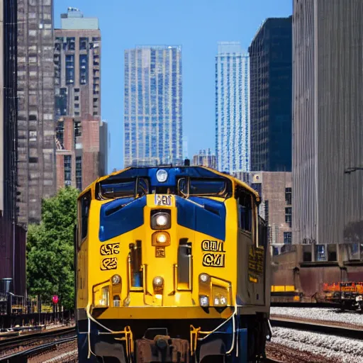 Prompt: csx locomotive running through down town manhatten