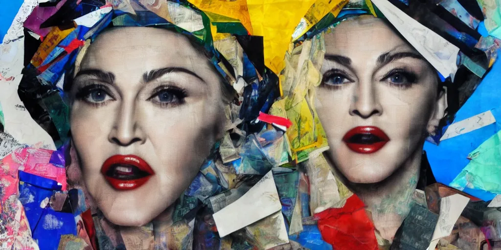 Prompt: madonna with a trash bag on his head, collage paper and tape, acrylic on canvas, hyperrealism mixed with expressionism, high resolution, smooth shading, cinematic, unreal 6 breathtaking detailed, by blake neubert