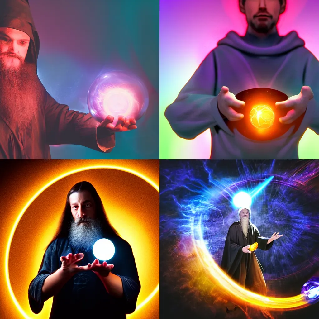 Prompt: A wizard holding a magic orb swirling with magic, dramatic lighting and colors, high quality 3d render with high fidelity