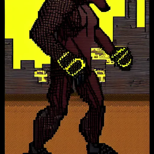 Image similar to full body portrait. 8 bit nes graphics. antropomorphic muscular masculine wolf. kickboxer fighter, in shorts. wolf head. furr on body. side view. postapocalyptic night city on background