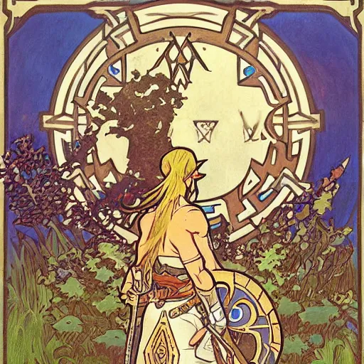 Image similar to a painting of the legend of zelda : breath of the wild by mucha