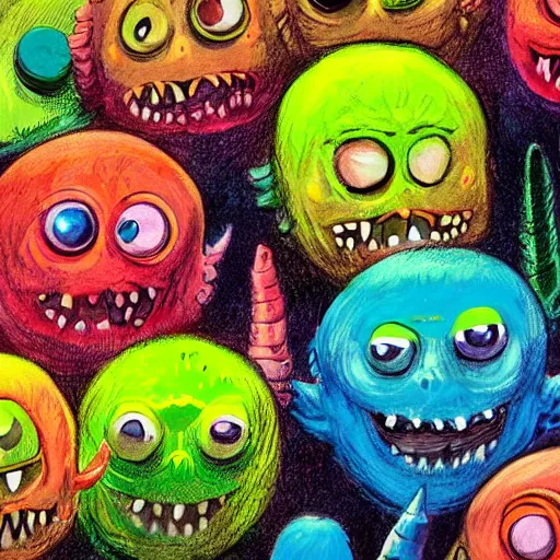 Image similar to an army of differnt tennis ball monsters, colorful, digital art, fantasy, magic, chalk, trending on artstation, ultra detailed, professional illustration by basil gogos