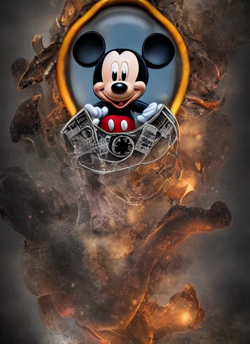 Image similar to mickey mouse, gas mask, fractal, leathery, wet, broken, melting, rococo, mycelium, baroque, sumerian, radiant alien, magic kingdom, octane render, high detail