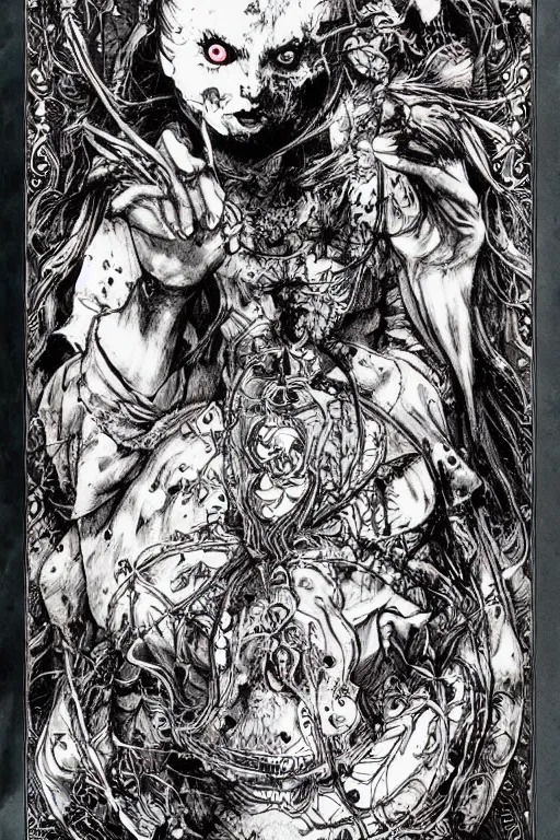 Prompt: Horror Alice in wonderland tarot card , pen and ink, intricate line drawings, by Yoshitaka Amano, Ruan Jia, Kentaro Miura, Artgerm, watercolor