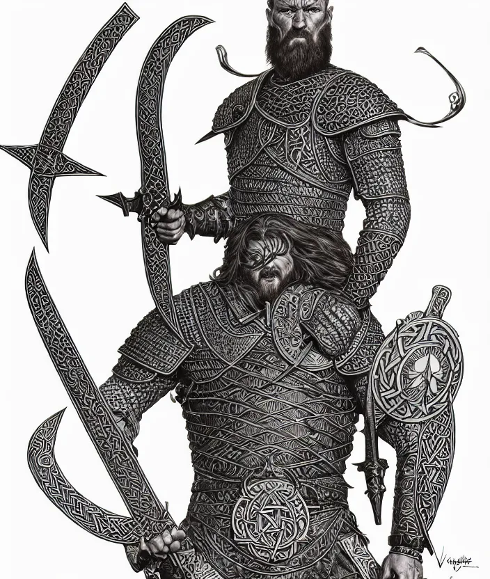 Prompt: shaded, minimalist, knotwork with center viking warrior, extremely detailed, bold line art, by vincent di fate and joe fenton and artgerm, holding shield and sword, centered, inking, etching, screen print, inkblots of color, masterpiece, trending on artstation, sharp, high contrast, hyper realistic, hd, 4 k, 8 k