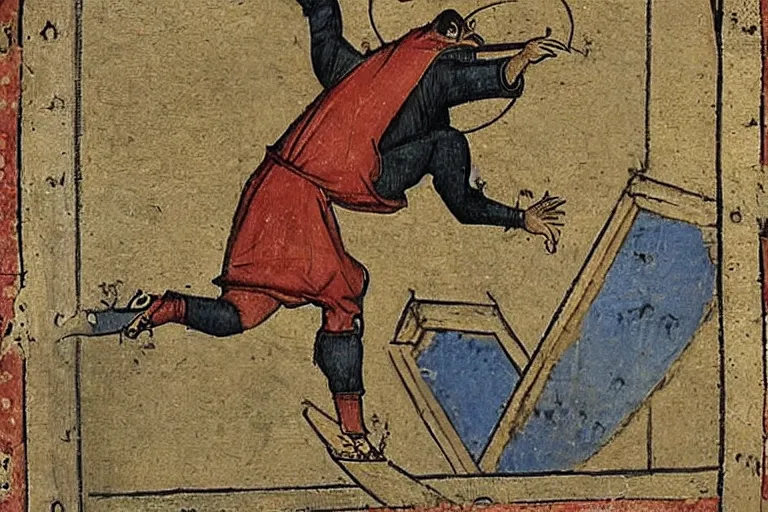 Prompt: tony hawk doing a kickflip, medieval art