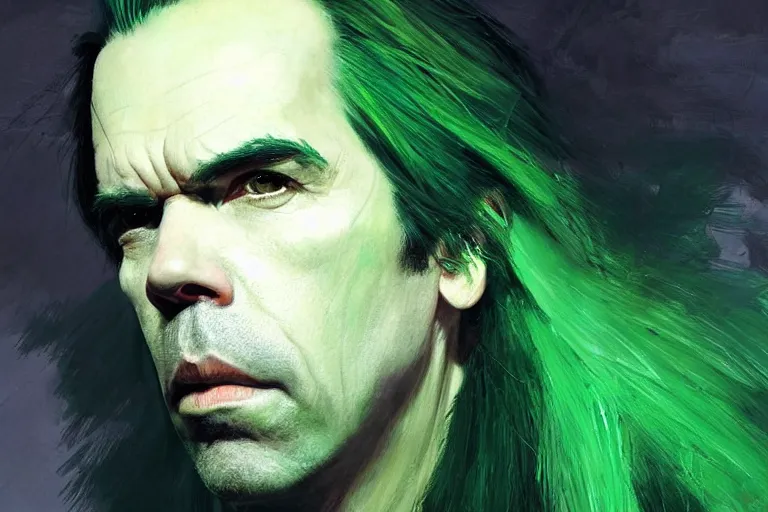 Image similar to a portrait of nick cave with green hair, masterpiece, dramatic lighting, stunning painting by ruan jia, jakub rebelka and artgerm