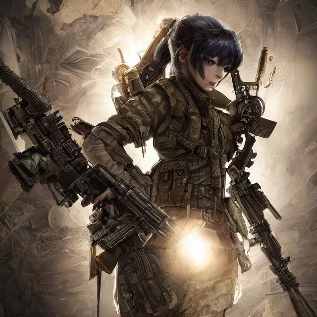 Prompt: the portrait of lawful neutral female futuristic infantry sniper as absurdly beautiful, gorgeous, elegant, young gravure idol, an ultrafine hyperdetailed illustration by kim jung gi, irakli nadar, intricate linework, bright colors, octopath traveler, final fantasy, unreal engine 5 highly rendered, global illumination, radiant light, detailed and intricate environment