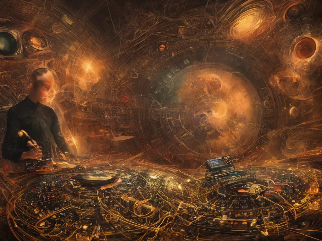 Prompt: an incredible masterpiece of a mystical dj playing a vast array of highly evolved and complex musical technology surrounded by an incredible and complex circular structure in the cosmos, by karol bak, octane render, 8 k