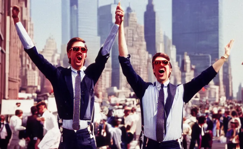 Prompt: color photo of a photomodel handsome wall street banker cheering. money in the air. arms up. wearing suspenders. wearing aviator glasses in his office. new york city in the background. 8 0's style