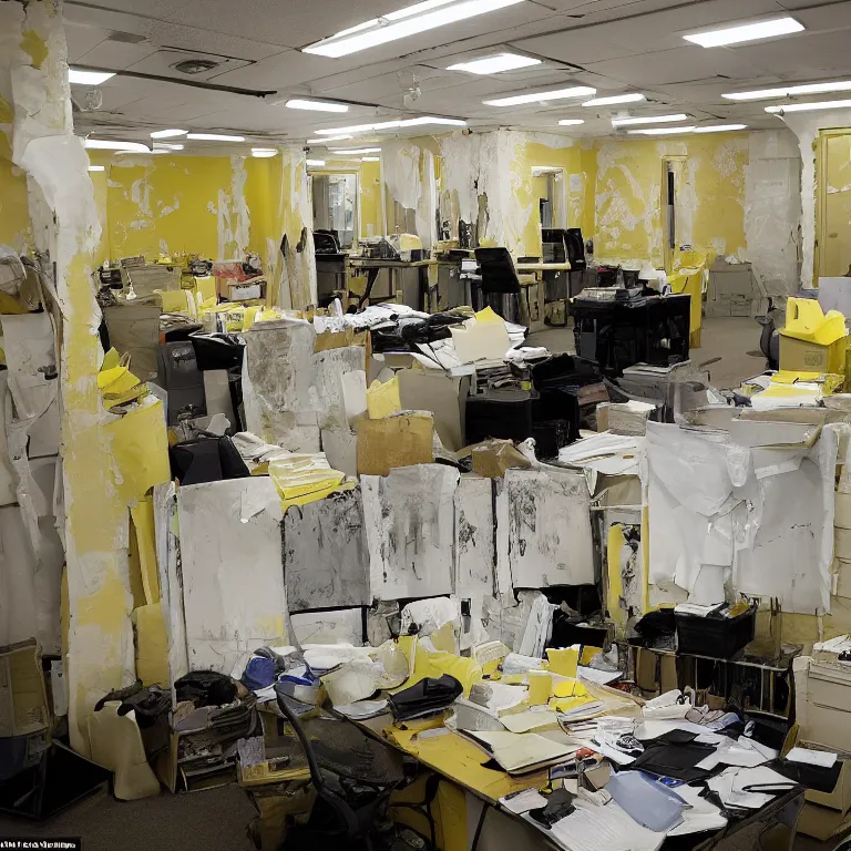 Image similar to the backrooms. Joe Biden lost in an endless office space with peeling yellow wallpaper lit by fluorescent lights with no windows