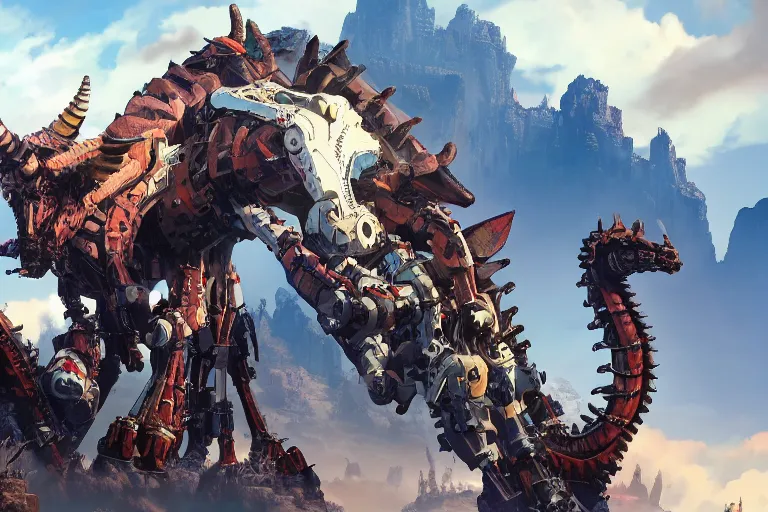 Image similar to grimhorn fanghorn machine mecha animal beast robot of horizon forbidden west horizon zero dawn bioluminiscence global illumination ray tracing hdr fanart arstation by sung choi and eric pfeiffer and gabriel garza and casper konefal