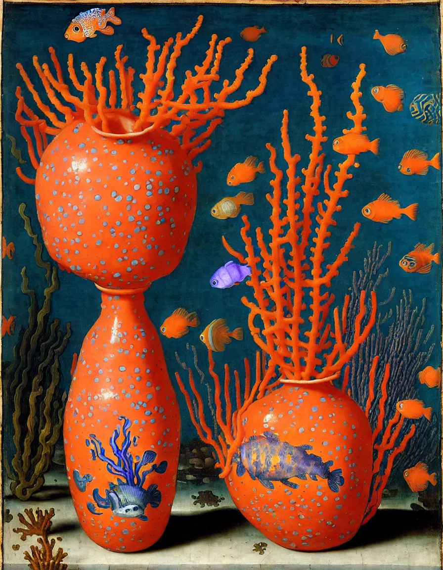 Image similar to bottle vase of coral under the sea decorated with a dense field of stylized scrolls that have opaque outlines enclosing mottled blue washes, with orange shells and purple fishes, ambrosius bosschaert the elder, oil on canvas, around the edges there are no objects