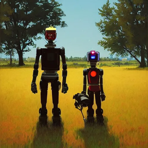 Image similar to Two robot farmers working in the field, detailed art by Ilya Kuvshinov