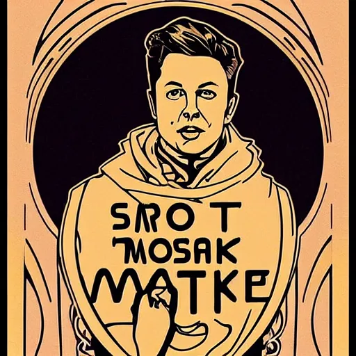 Prompt: “Art Nouveau poster of elon musk in style of Alphonse Mucha”