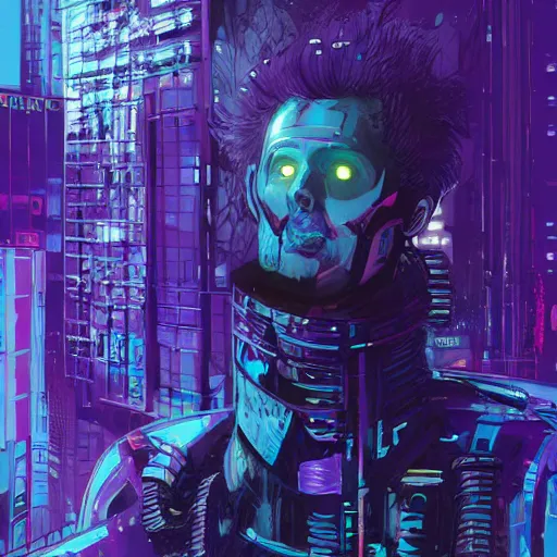 Prompt: high detailed dead android in a cyberpunk rainy city at night by Josan Gonzalez, purple and blue neons, unreal engine, high quality, 4K, UHD, trending on ArtStation, blade runner vibes, ghost in the shell, akira, dorohedoro