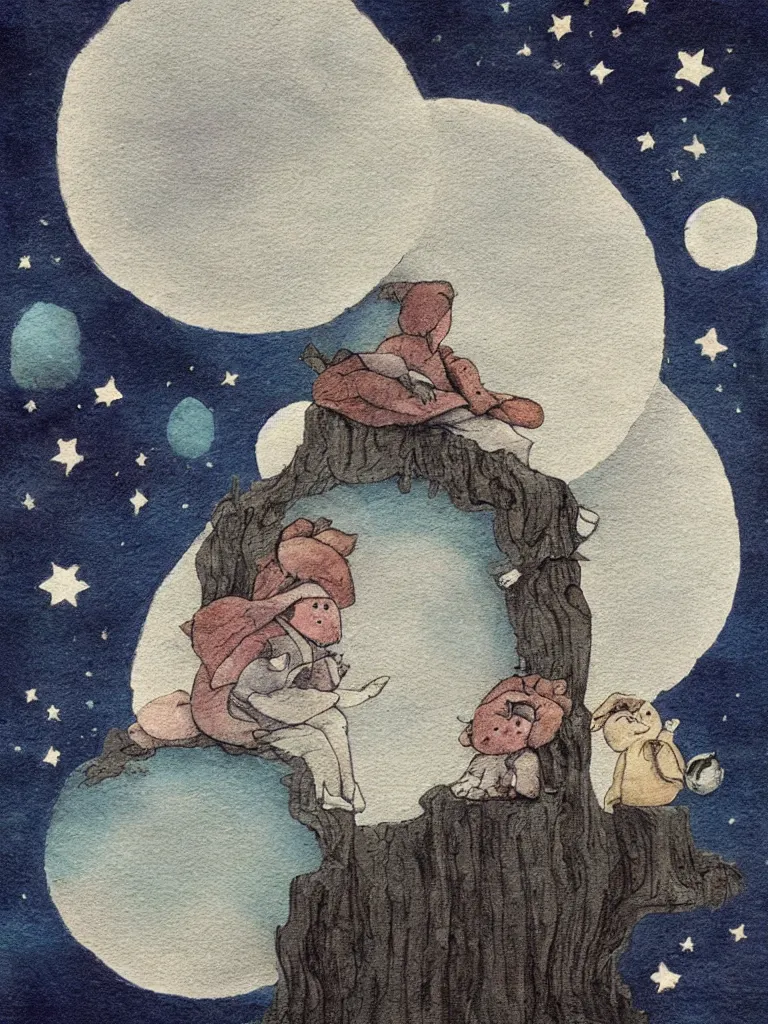 Image similar to sitting in the moon by storybook artists, blunt borders, rule of thirds, soft light, whimsical!!