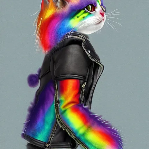 Image similar to wide angle full body, jacket wearing fluffy cute rainbow kitten wearing a black leather motorcycle jacket, concept art