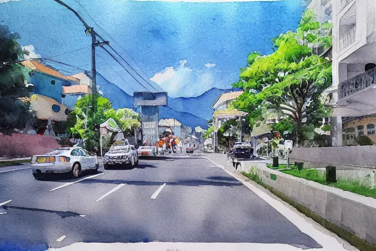 Image similar to !! watercolor!! penang road in a sunny day, artwork by tooth wu, colorful contrast,!!!! very coherent!!!!, dark shadow, thick lineart