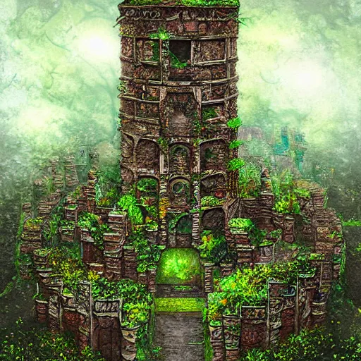 Image similar to ruined tower covered in creepers, beautiful, intricate, detailed, digital art