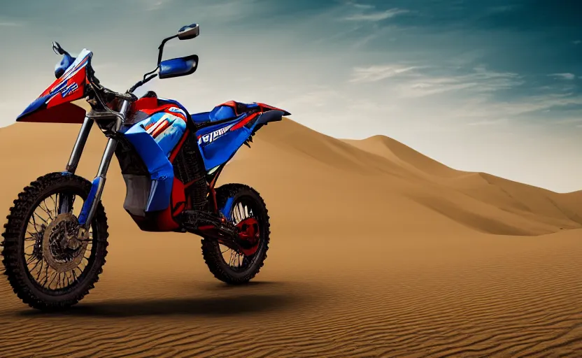 Prompt: prototype of dakar motorbike, dakar race, sand and desert in background, symmetrical mechanical features, off - road, designed by professional, fog and dirt, industrial design, brushed red and blue paint, hard surfaces modelling, dramatic lighting, hyper realistic rendering, octane, depth of field, bokeh effect, 4 k