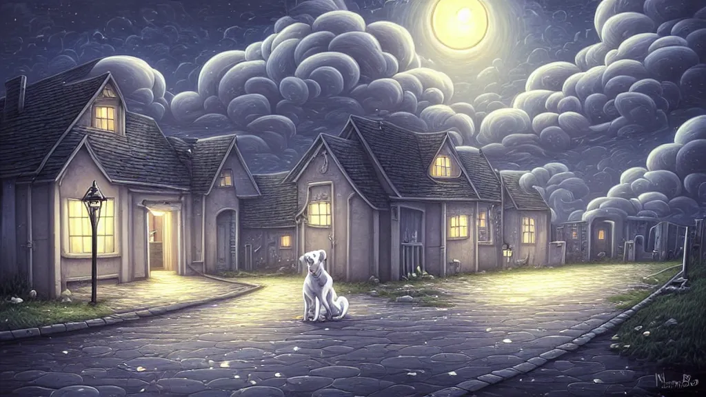 Image similar to a sad white dog in front of an empty house at night by cyril rolando and naomi okubo and dan mumford and ricardo bofill.. lovecraft.. cobbled streets.. oil lamp posts.. lovecraftian.. starry night swirly sky.