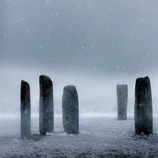 Image similar to 'dancing silhouette figures in front, neolithic standing stones, a haunting snow storm, fog, atmosphere, brooding clouds'